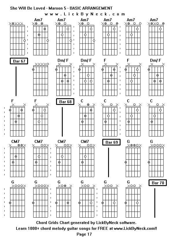 Chord Grids Chart of chord melody fingerstyle guitar song-She Will Be Loved - Maroon 5 - BASIC ARRANGEMENT,generated by LickByNeck software.